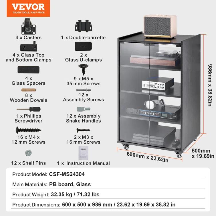 VEVOR 5-Tier AV Media Stand with Wheels, Wooden Audio-Video Media Stand for DVD Players/Cable Boxes/Games Consoles