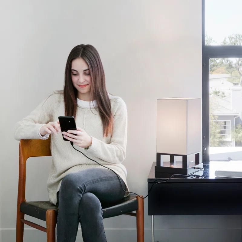 Brightech Maxwell 14 in. Mid-Century Modern LED Bedside Table Lamp with Fabric Square Shade