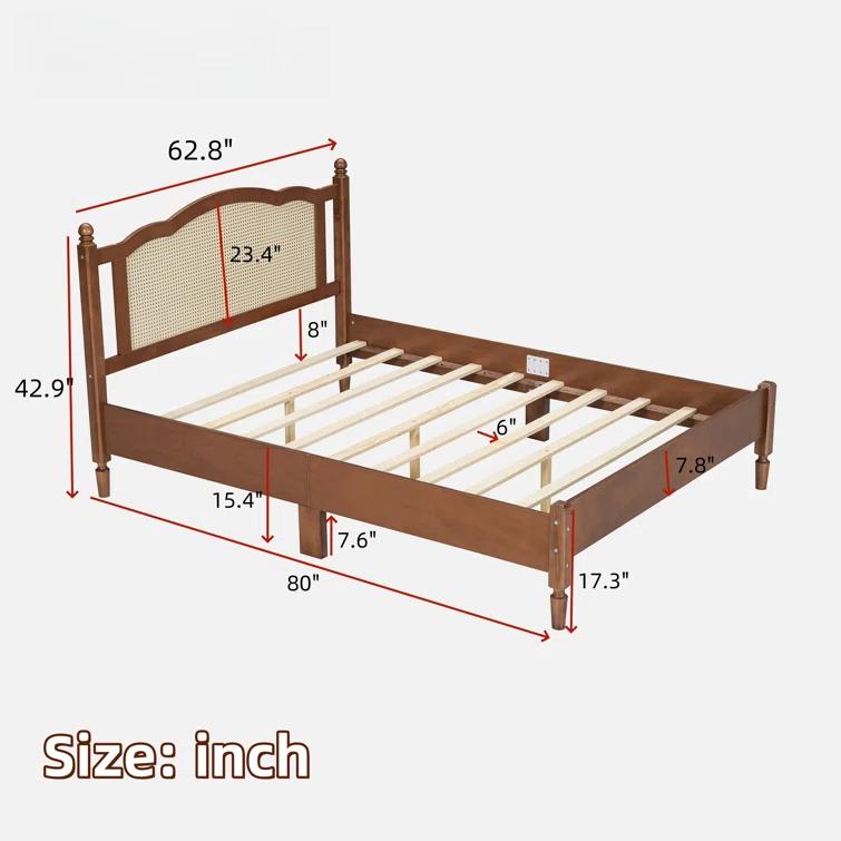 Velvetvanguards Bohemian Wooden Platform Bed With Natural Rattan Headboard And Arc Design