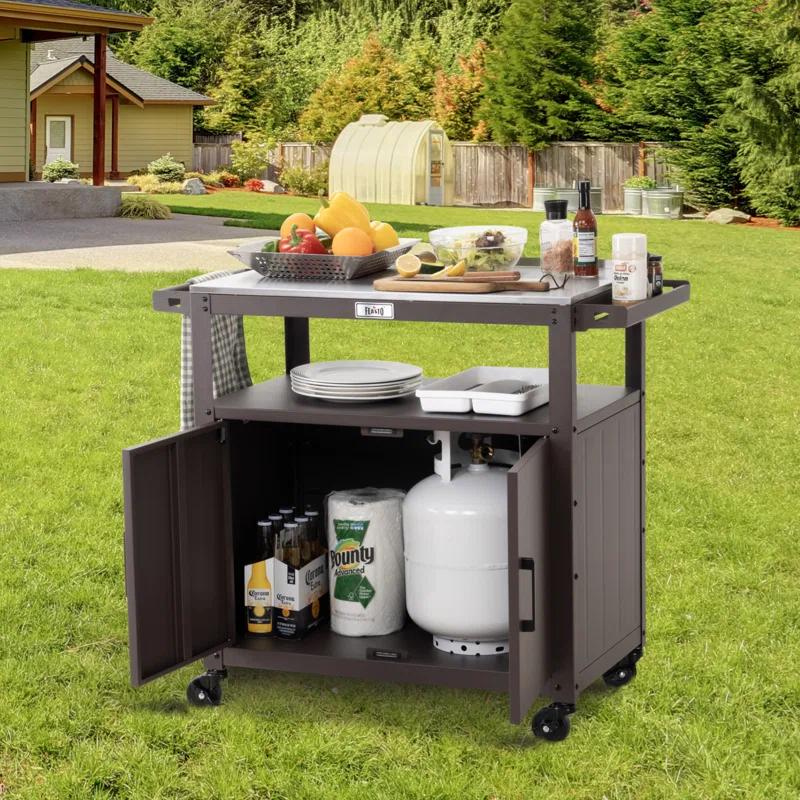 Feasto Feasto Outdoor Grill Cart with Stainless Steel Tabletop and Storage Cabinet, Movable Kitchen Island with Wheels for BBQ Food Prep