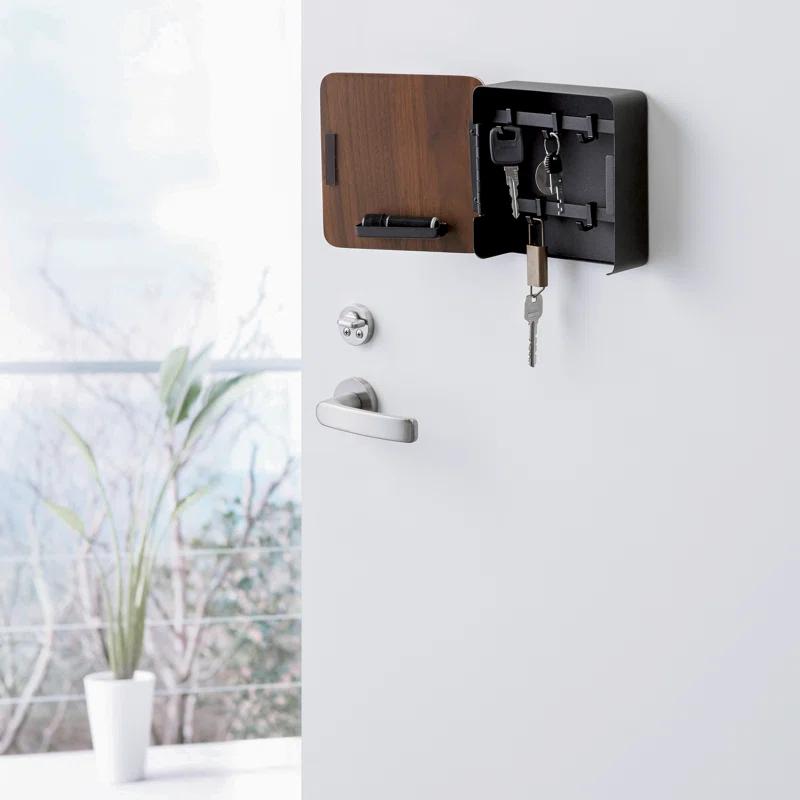 Yamazaki Home Yamazaki Home Square Magnetic Key Cabinet, Wood Accented Keychain Organizer, Steel + Wood, Magnetic