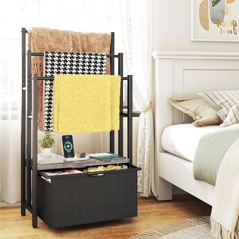 Freestanding Towel Rack With Drawers, SDXYSTCE 3 Tiers Standing Blanket Racks For Bedroom, 23.6" L X 11.8" W X 43.3" H, Blanket Holder With Shelf, Upgrade Steady Design,