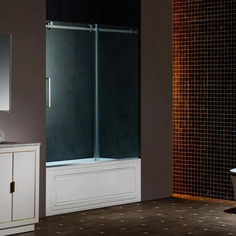 WoodBridge Frameless Single Sliding Shower Doors, 56-60" W X 62" H With 5/16" Clear Tempered Glass And Explosion-Proof Film MSDF6062-B