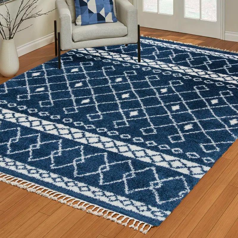 Limmet Clara Modern Moroccan Bohemian Navy Blue/Ivory Diamond Shag Area Rug