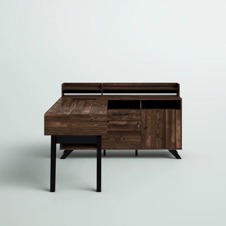 Ivy Bronx Kauan Helsy L-Shaped Desk with Power Bar and Removable Hutch Natural Walnut