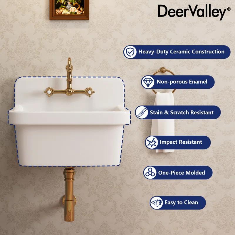 DeerValley 24"×19.7" Vitreous China Wall Mount Utility Sink Farm Style High Back Laundry Sink