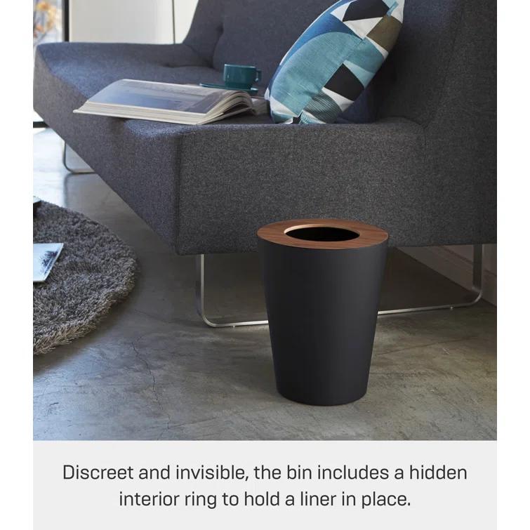 Rin Yamazaki Home Round Trash Can, 1.85 gallon Wastebasket Bathroom Kitchen Office, Steel + Wood
