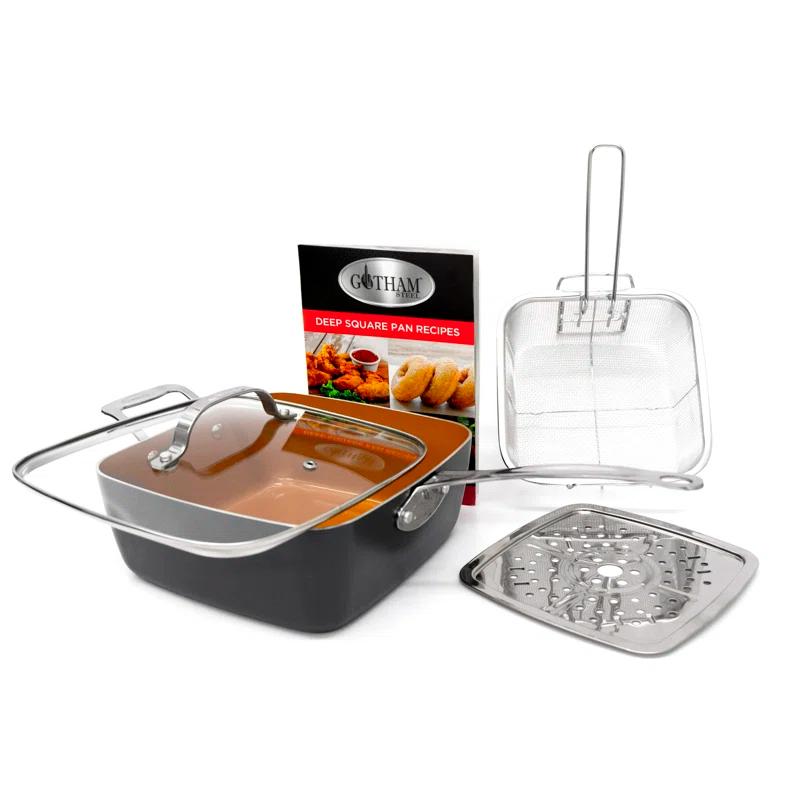 Gotham Steel Gotham Steel 9.5" Deep Squre Nonstick Pan with Steamer Tray, Fry Basket and Glass Lid
