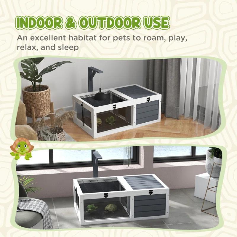 Tucker Murphy Pet™ Tortoise Habitat, Wooden Tortoise House, Indoor Outdoor Tortoise Enclosure With Lamp Holder, Pull-Out Waterproof Trays, Openable Lids, Gray