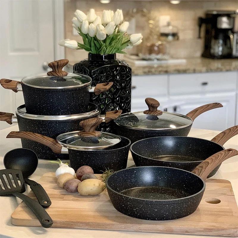 BN-LINKKL Kitchen Academy Induction Cookware Sets - 12 Piece Cooking Pan Set, Granite Black Nonstick Pots And Pans Set