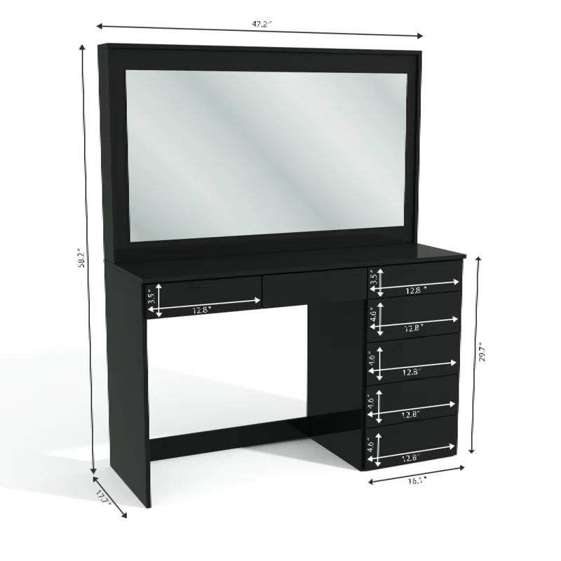 Boahaus LLC Boahaus Joan Large Modern Makeup Vanity Table with Big Mirror, 7 Drawers and Power Outlet