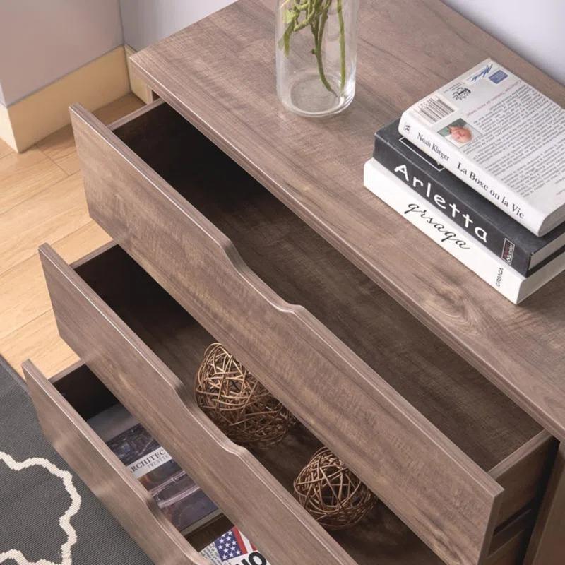 Modern five drawer clothes and storage chest cabinet with cutout handles in Hazelnut color