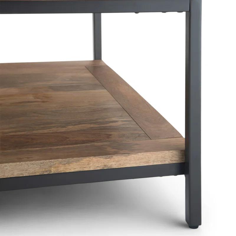 Simpli Home Skyler 34"W Solid Mango Wood Industrial Square Coffee Table with Open Shelf and Metal Frame