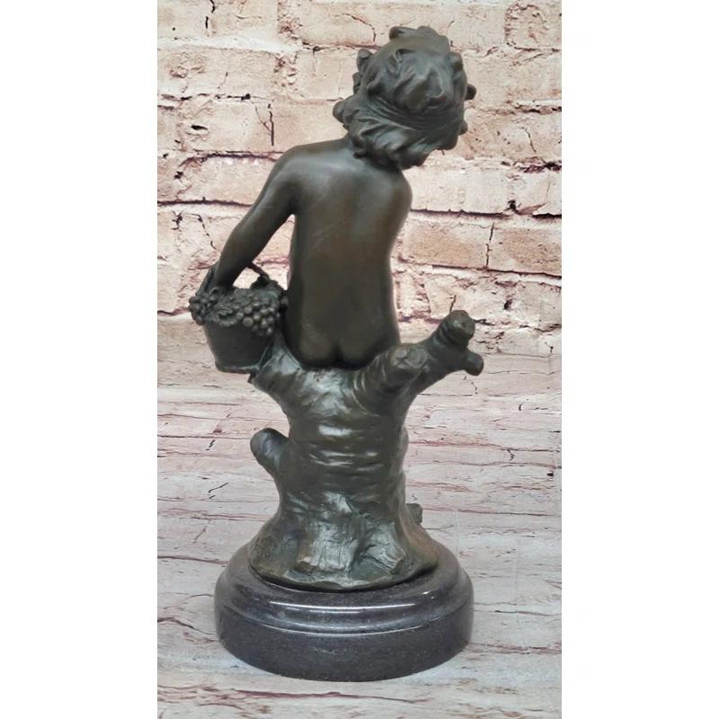 Red Barrel Studio® Small Child Girl Toddler Holding Basket Of Grapes - Clical Bronze Sculpture By Moreau