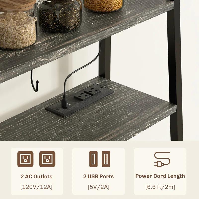 Baker's Rack With Power Outlet And LED Lights, Coffee Bar With Storage Shelves, Industrial Microwave Stand With Wine Bottle Rack