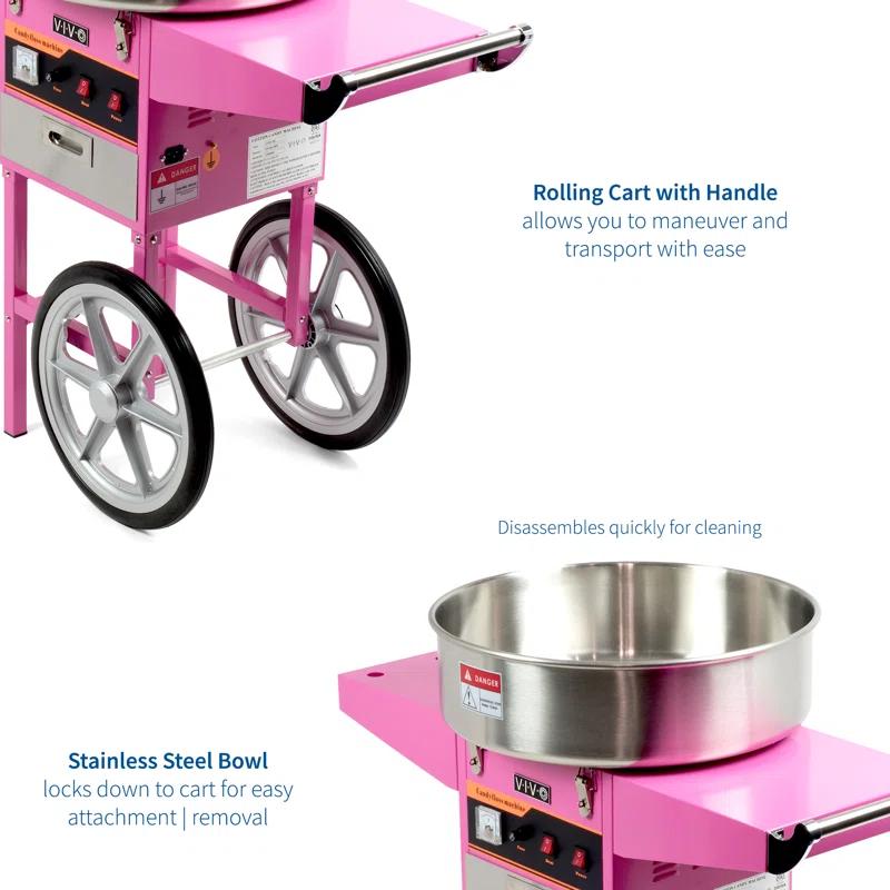 Vivo Electric Commercial Cotton Candy Machine with Cart and Bubble Shield