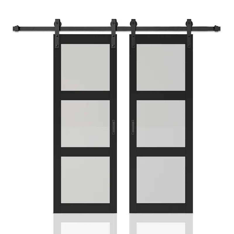 Calhome 3-Lite Tempered Frosted Glass White Finished Composite Double Sliding Barn Door with Hardware Kit Handle