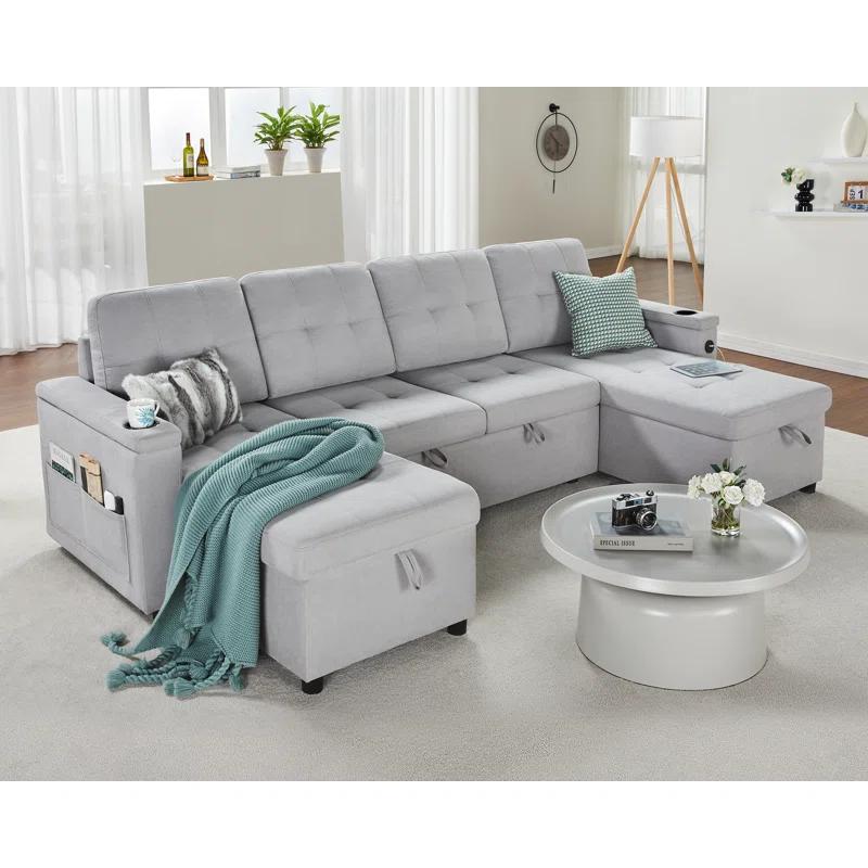 Light Grey Tufted Sleeper Sofa with Storage and Cup Holder