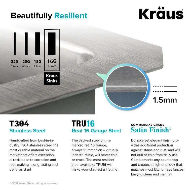 KRAUS Standart PRO™ Undermount 16 Gauge Stainless Steel Kitchen Sink