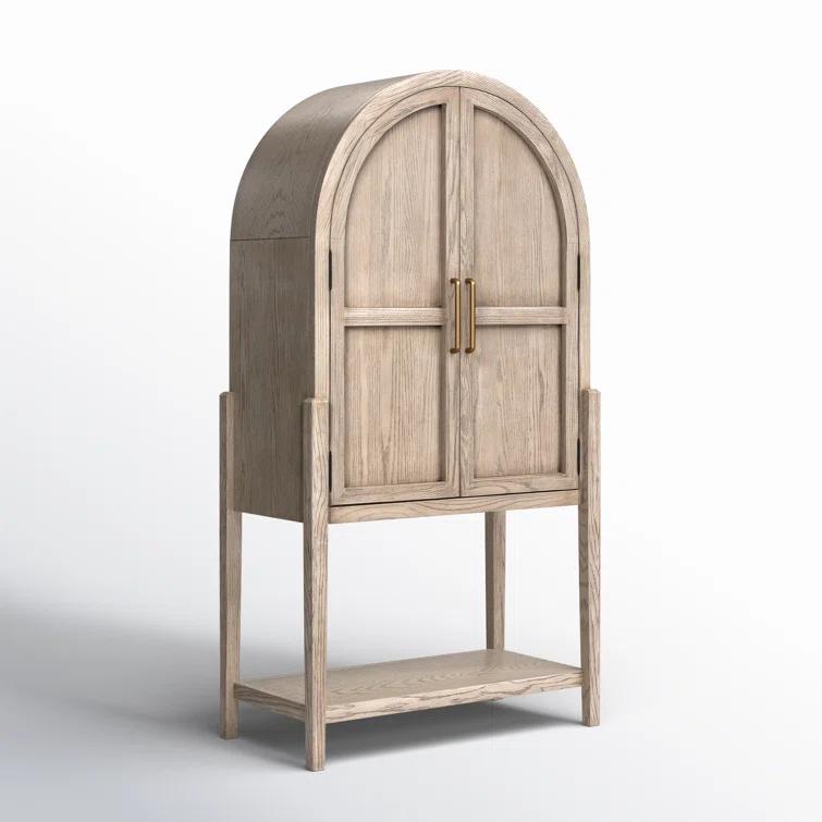 Drifted Oak and Antique Brass Arched Bar Cabinet