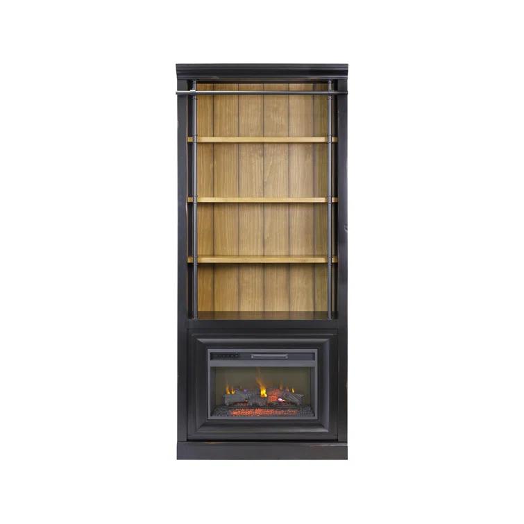 Birch Lane™ Frye Three 8' Tall Bookcase Wall With Fireplace and Ladder, Storage Organizer, Black