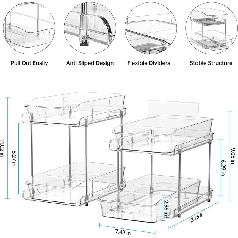 THE GLAMOUR BOUTIQUES 2 Sets Of 2-Tier Clear Under Sink Organizers And Storage, Multi-Purpose Stackable Bathroom Cabinet Organizers, Pull Out Kitchen Pantry Organization And Storage With Dividers