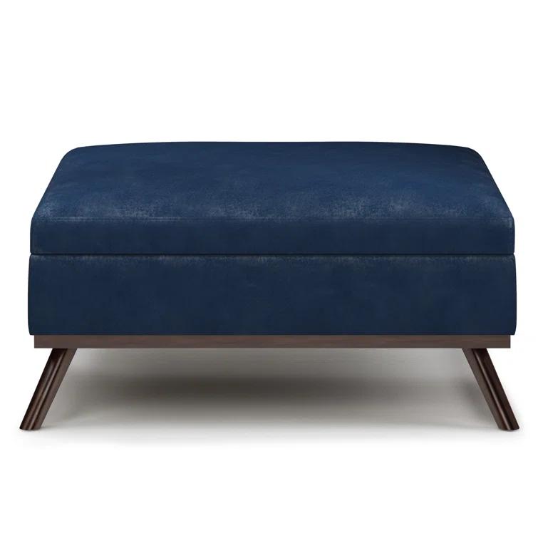 Simpli Home Owen 36"W Upholstered Square Coffee Table Storage Ottoman with Lift Top and Solid Wood Legs
