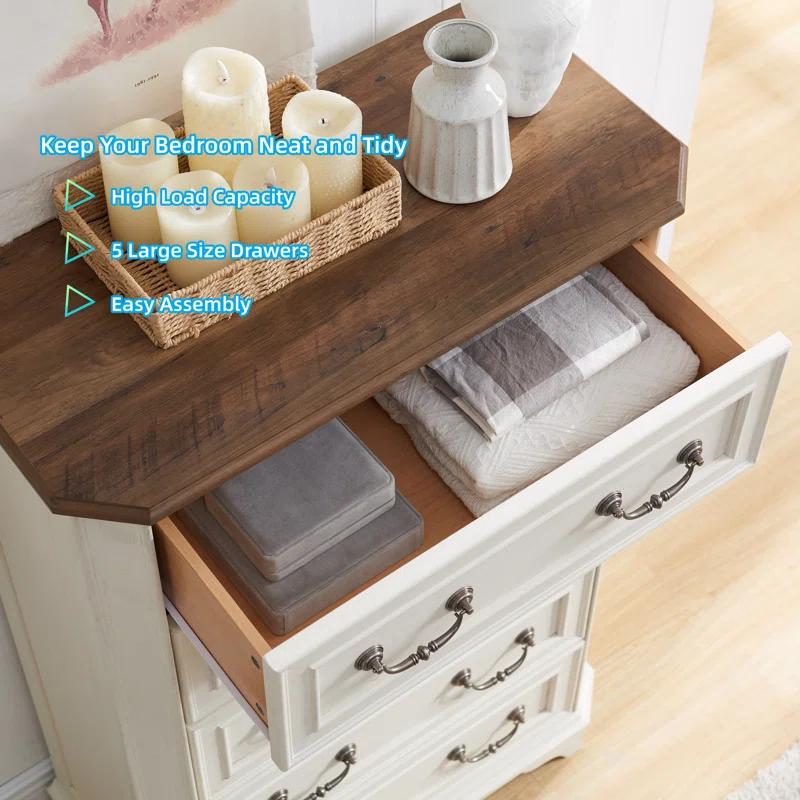 Laurel Foundry Modern Farmhouse® Theron Farmhouse 5 Drawer Bedroom Dresser, Wood Tall Chest of Drawers, Closet Storage for Bedroom