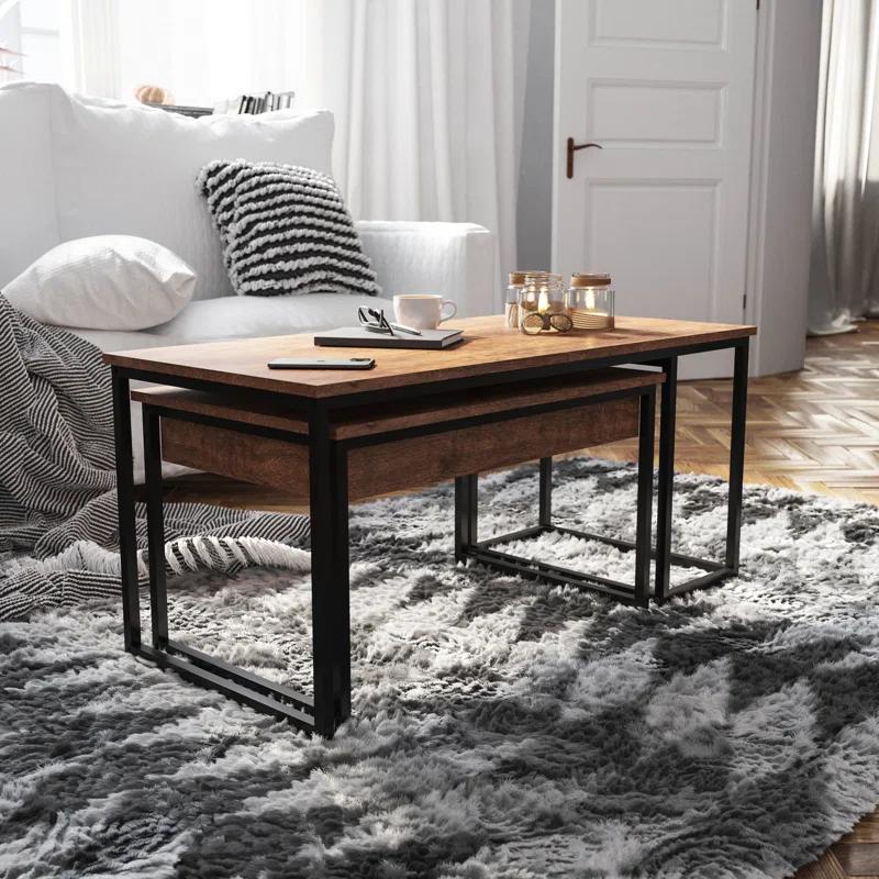 Flash Furniture 2 Piece Modern Nesting Coffee Table Set with Storage Drawer and Sled Base Metal Frames