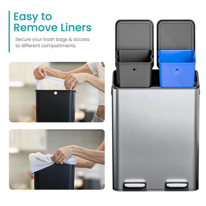 Home Zone Living Home Zone Living 15.8 Gallon Kitchen Trash Can With Dual Removable Liners For Recycling And Trash, Stainless Steel