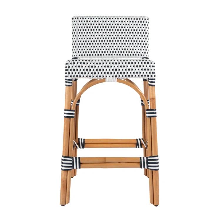 White and Navy Dot Rattan Low Back Counter Stool