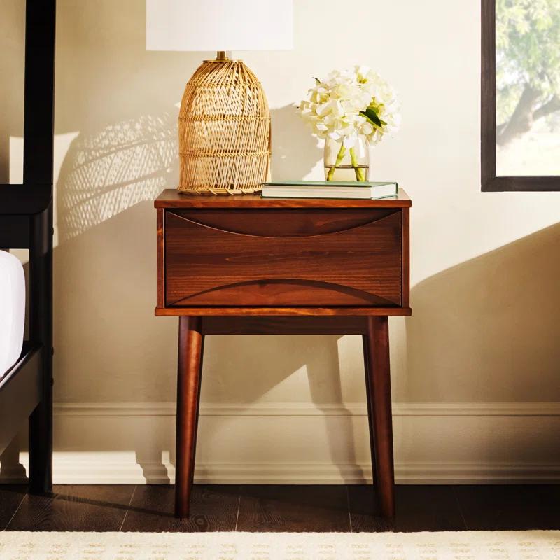 George Oliver Mid-Century Modern 1-Drawer Solid Wood Nightstand – Walnut