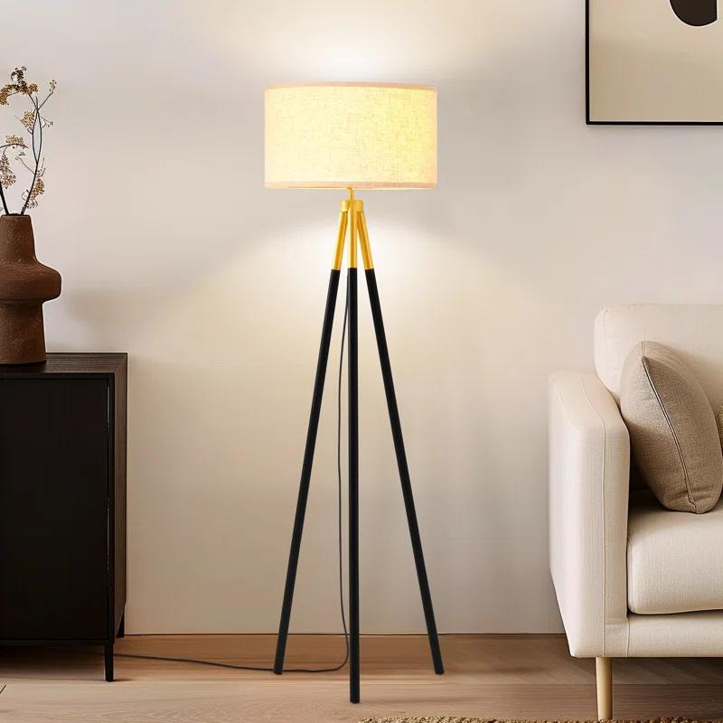 Brightech Levi 61 in. Mid Century Modern Tripod Floor Lamp with Fabric Drum Shade and Gold Finish - LED Bulb Included