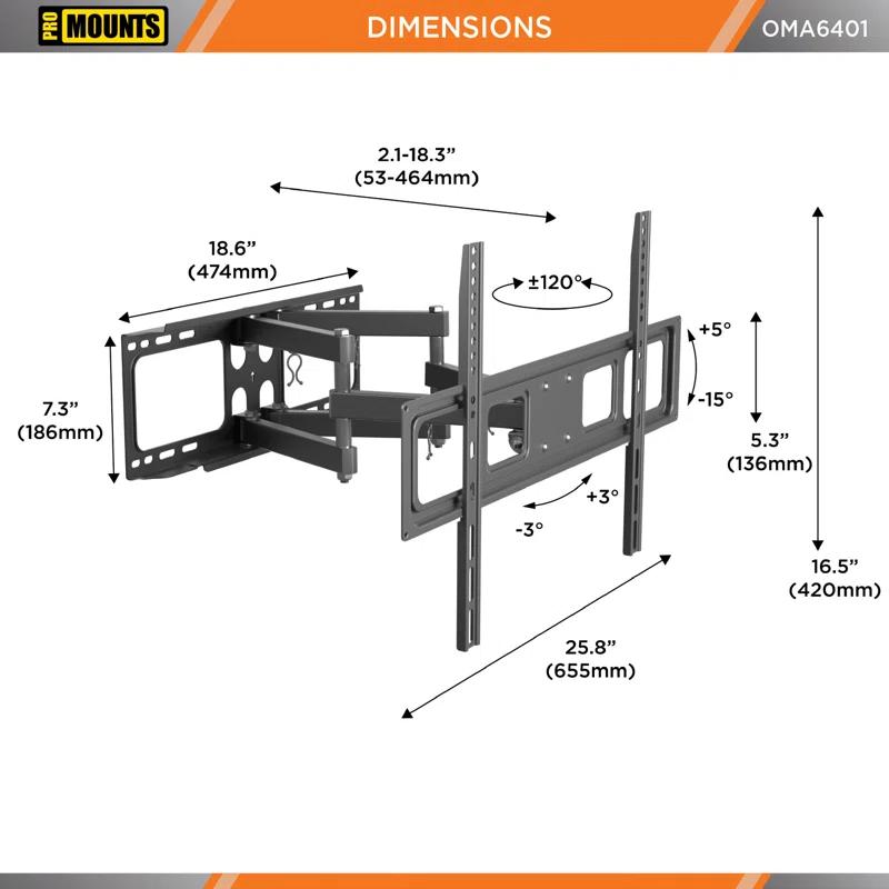 Promounts ProMounts Premium Articulating / Full Motion TV Wall Mount for 37" to 92" TVs, Holds Up to 88lbs