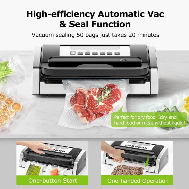 BEACHWATER POOL & SPA, LLC Vacuum Sealer Machine, Powerful Low-Noise Food Vacuum Sealer For High-Speed Continuous Working, Handle Locked Design, Built-In Cutter, 2 Bag Rolls + 100 PCS Vacuum Bags