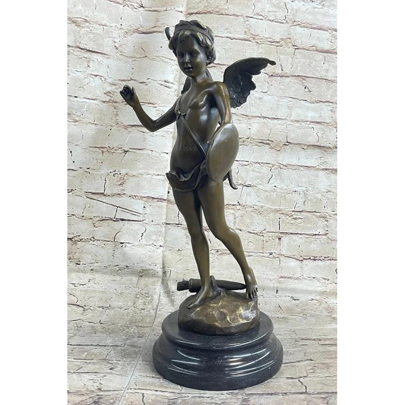 Trinx Kaleeya Signed Bronze Statue Cupid Cherub Sculpture On Marble Base Art Deco Sale