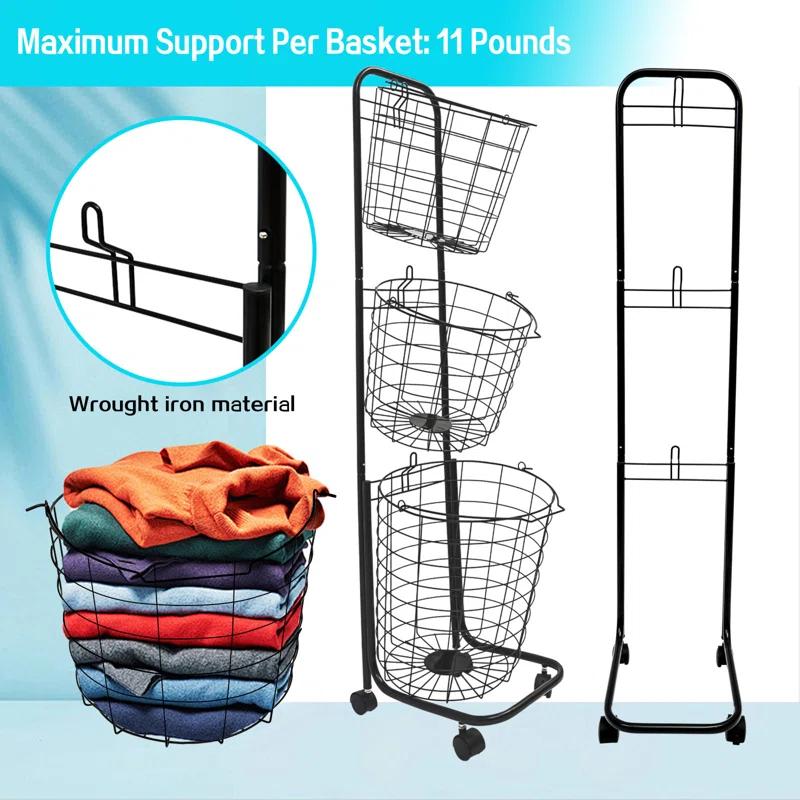 Rebrilliant 3-Tier Rolling Laundry Sorter Cart with Removable Metal Wire Baskets