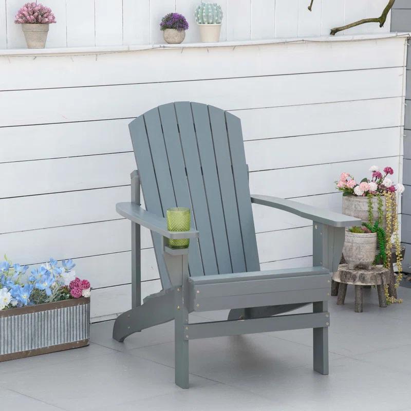 Highland Dunes Outsunny Wooden Adirondack Chair, Outdoor Patio Lawn Chair With Cup Holder, Weather Resistant Lawn Furniture, Classic Lounge For Deck, Garden, Backyard, Fire Pit