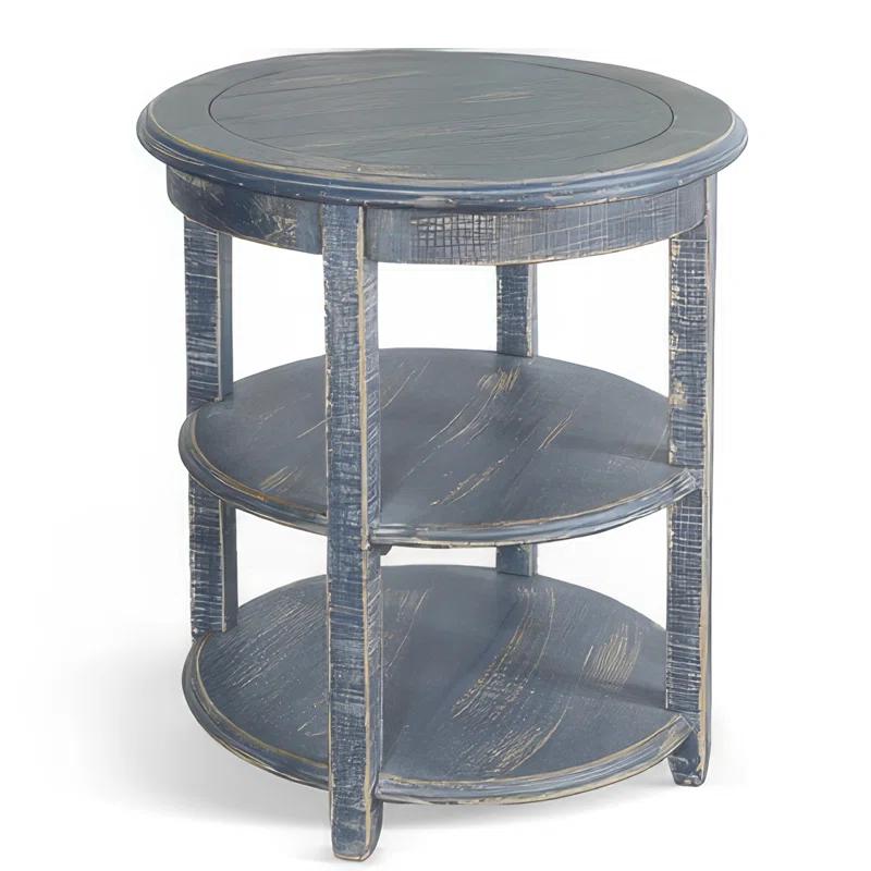 Benjara Rena Side End Table, Scallop Trim, 28 Inch Distressed Blue Mahogany