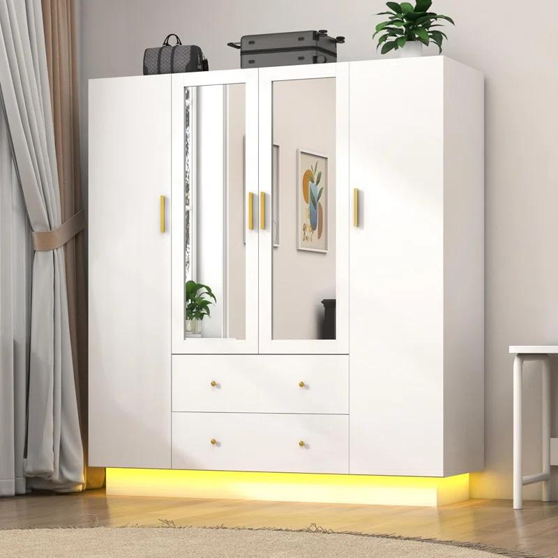 Armoire Wardrobe Closet With Mirror & Led Light, 4 Door Wooden Storage Cabinet With Drawers, Spacious Armoire With Hanging Rod & Adjustable Shelves