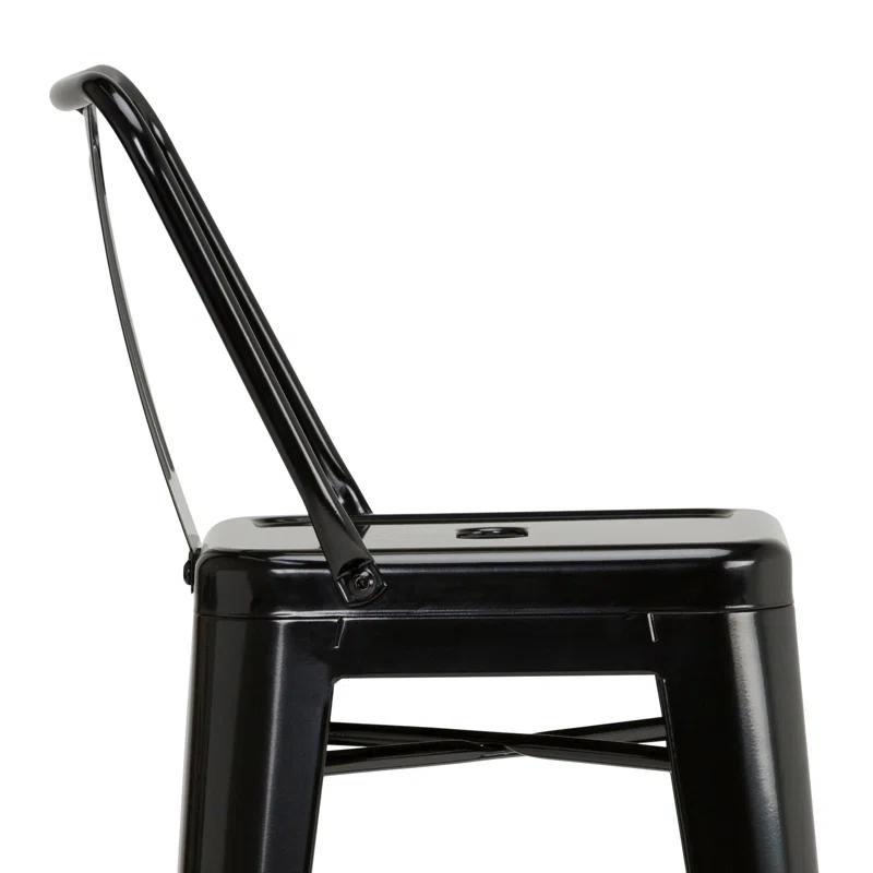 Simpli Home Rayne Metal Industrial Stool with Curved Back, Cross-Brace, and Footrest