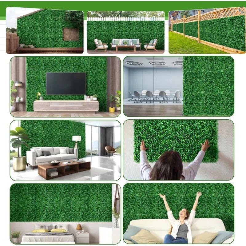 Tianqi Artificial Boxwood Plant Hedge, Green Grass Backdrop, Indoor and Outdoor Use (Set of 12)
