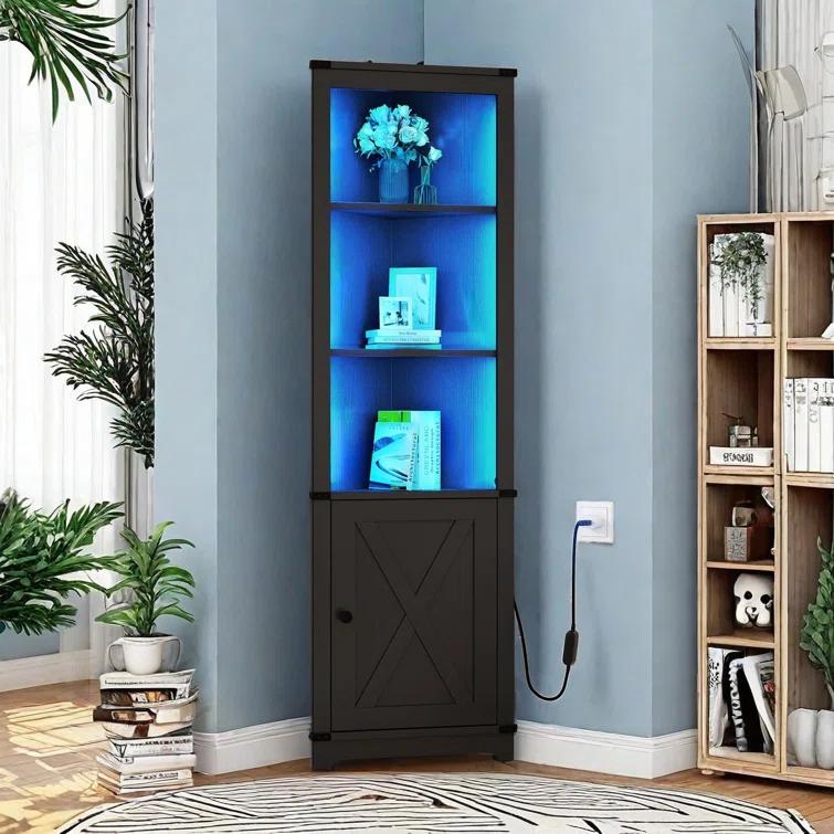 Gracie Oaks Aspenn 67" H Corner Bookcase with LED Light, Corner Storage Cabinet with Adjustable Shelf