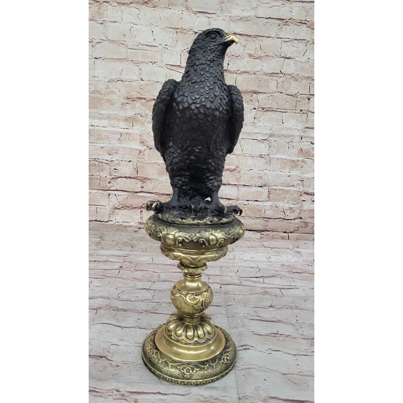 Red Barrel Studio® Kevis Hot Cast Bronze Eagle on Golden Pedestal Signed Original Wildlife Birds Art by Milo