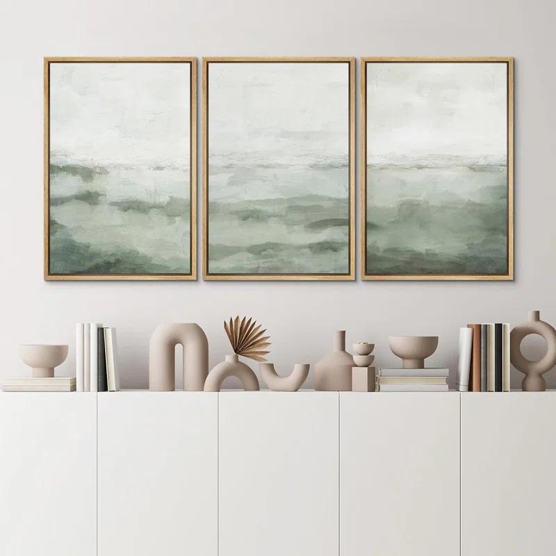 IDEA4WALL Sage Green Abstract Landscape Modern Organic Minimal Bedroom Framed Canvas Print 3 Pieces Wall Art