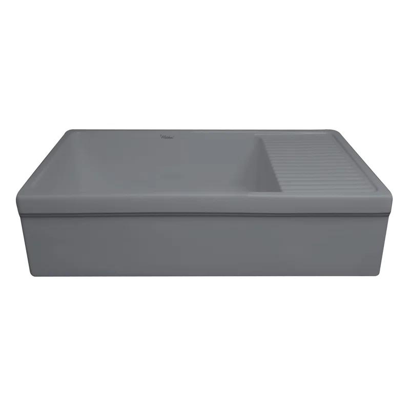 Whitehaus Collection WHQD540-M-CEMENT Whitehaus Collection 36” Single Bowl Fireclay Kitchen Sink: Integral Drainboard, Lip Front Apron