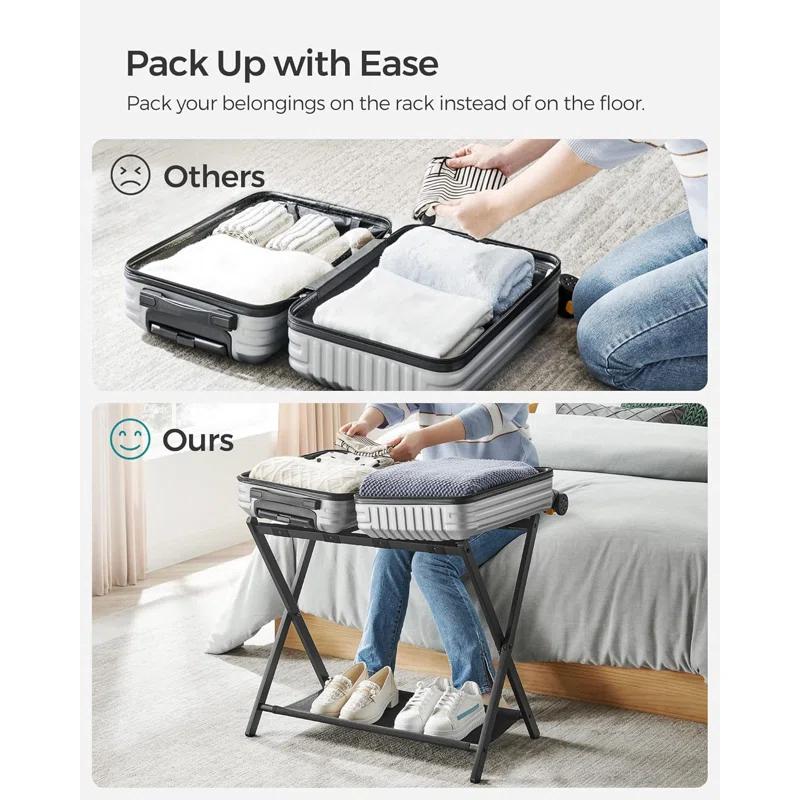 BINO Luggage Rack For Guest Room, Suitcase Stand With Storage Shelf, Steel Frame, Foldable For Easy Storage, Hotel, Bedroom, Black