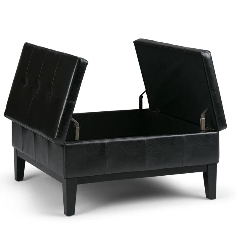 Simpli Home Dover 36"W Upholstered Square Coffee Table Storage Ottoman with Split Tufted Lift Top