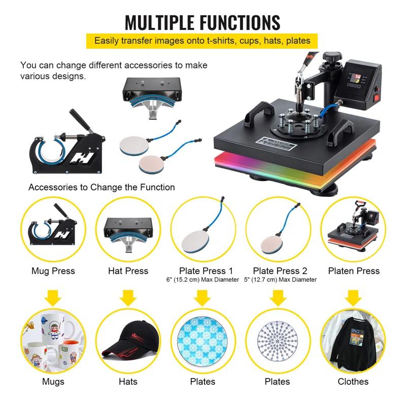 VEVOR 5 In 1 Heat Press Digital Clamshell Sublimation for DIY Mug Cap Plate