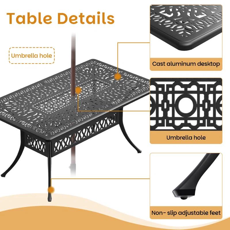 MIRROR FLY 58.27"L 34.65"W Rectangular Table Cast Aluminum Outdoor Dining Set with Umbrella Hole and Red Cushions